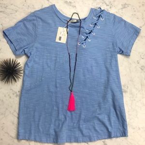 NWT maude vivante Blue Talia Lace Up T Shirt Top